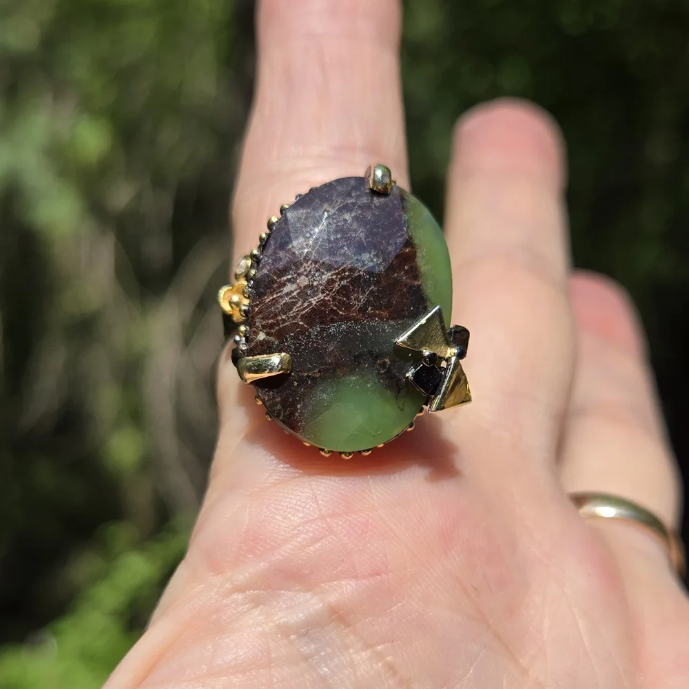 Chrysoprase 30k HUGE & Topaz sterling & gold ring sz7 - Picture 4 of 10